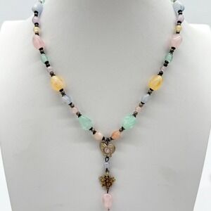 Vintage Pastel Lucite Beaded Necklace Floral Drop Heart Pendant